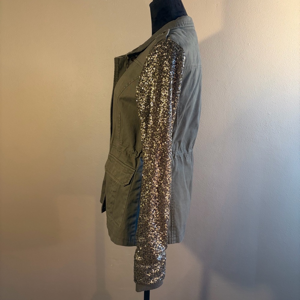 Quinn Olive Green Utility Jacket Sequin Sleeves Snap Pockets Military Anorak L - Picture 6 of 16